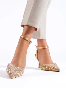 Sandały damskie na szpilce z cekinami złote