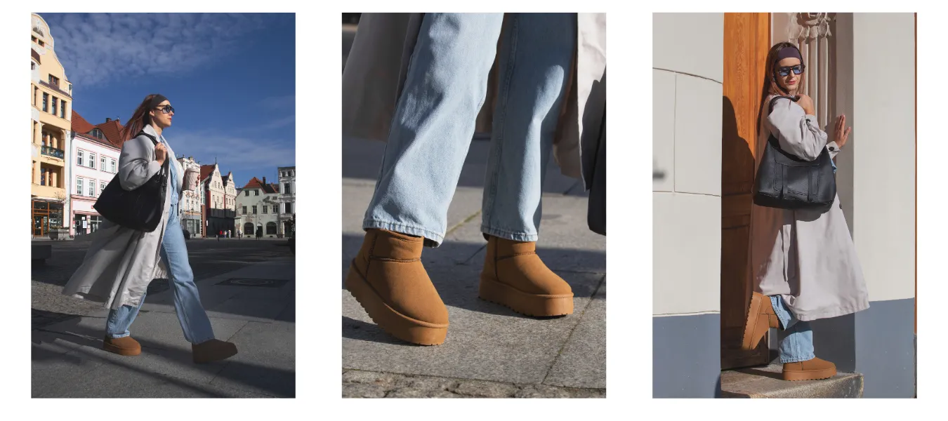 Śniegowce na platformie z jeansami i płaszczem - propozycja stylizacji