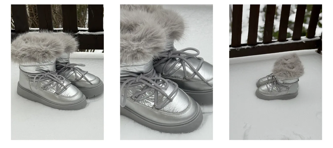 Srebrne sznurowane śniegowce z futerkiem na śniegu