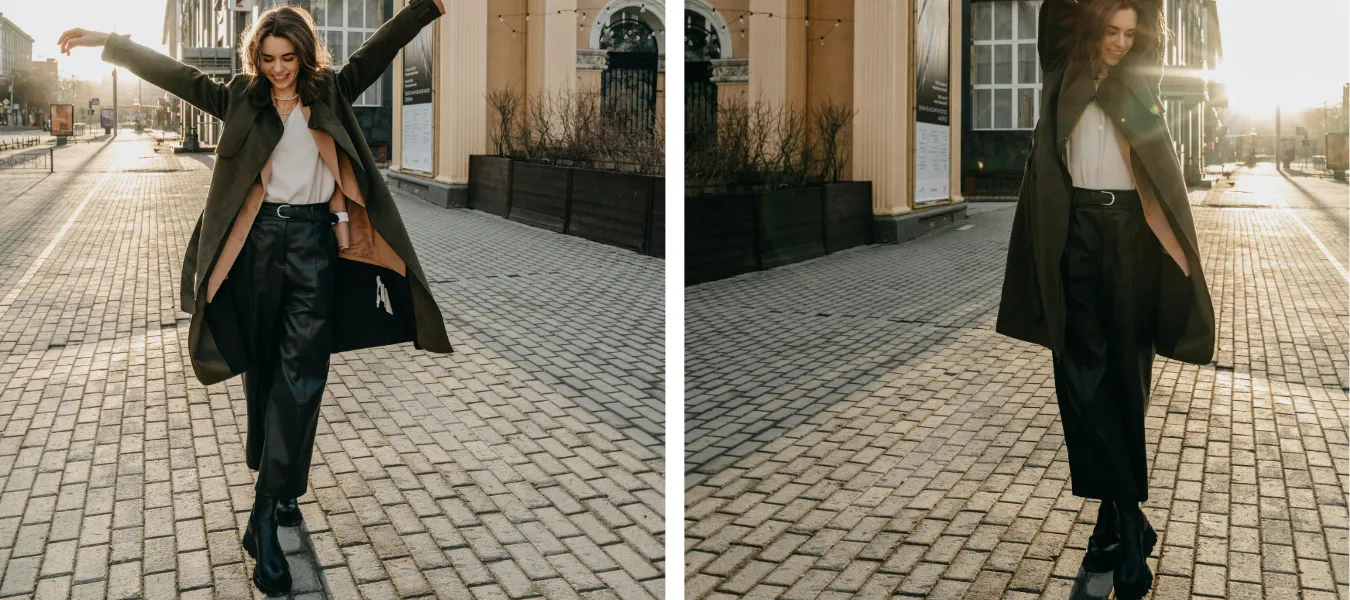 Stylizacja w czarnych skórzanych botkach damskich i zielonym płaszczu