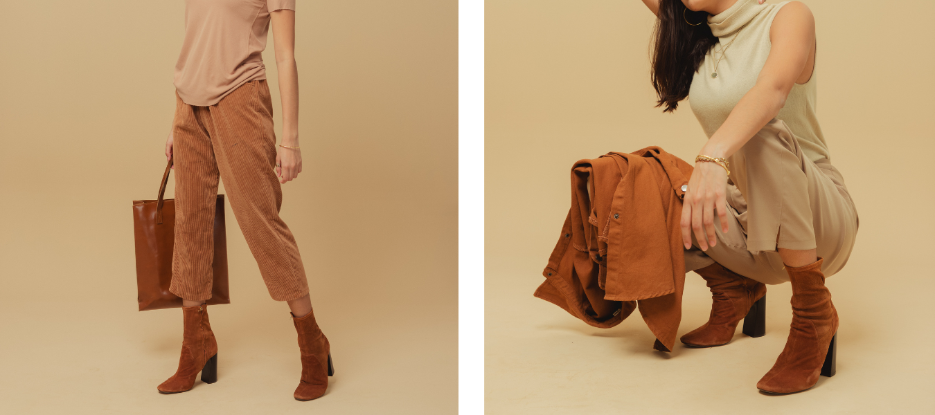 Modne brązowe botki na obcasie do jesiennych stylizacji – eleganckie buty damskie zestawione z beżowymi spodniami i casualową stylizacją