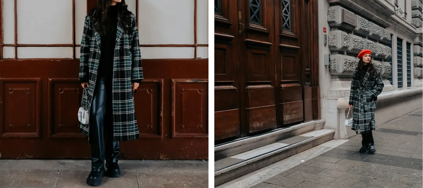 Czarne botki z czarnymi skórzanymi spodniami i płaszczem w kratę