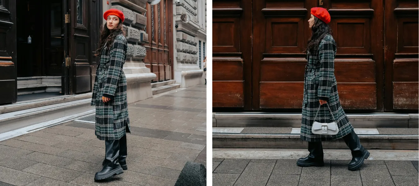 Czarne skórzane spodnie z czarnymi botkami damskimi na platformie i płaszczem w kratę