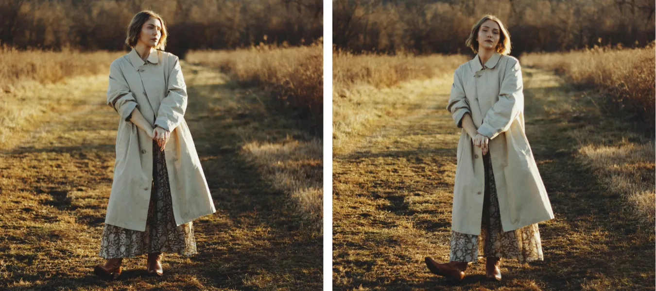 Stylizacja z sukienką w kwiaty, brązowymi botkami i szarym płaszczem