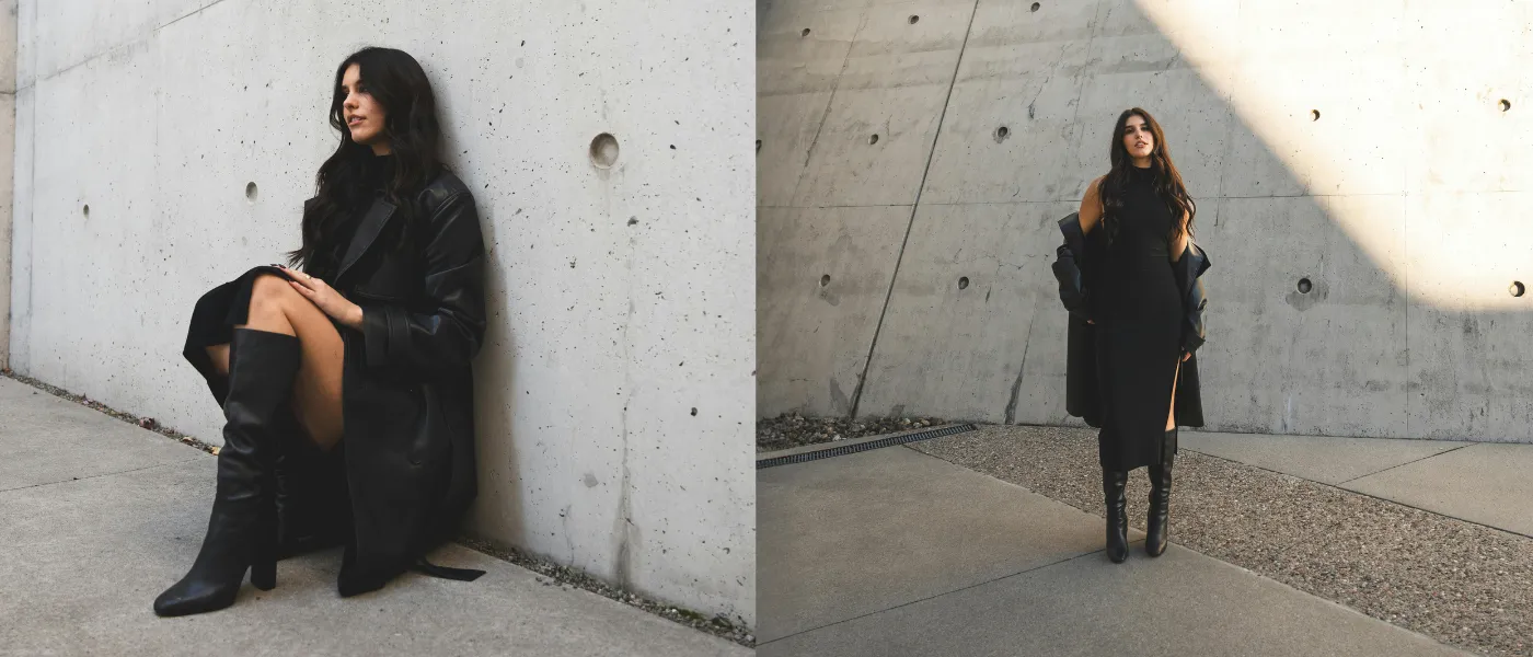 Stylowa kobieta w małej czarnej sukience i czarnych kozakach na obcasie – elegancka jesienna stylizacja 2025