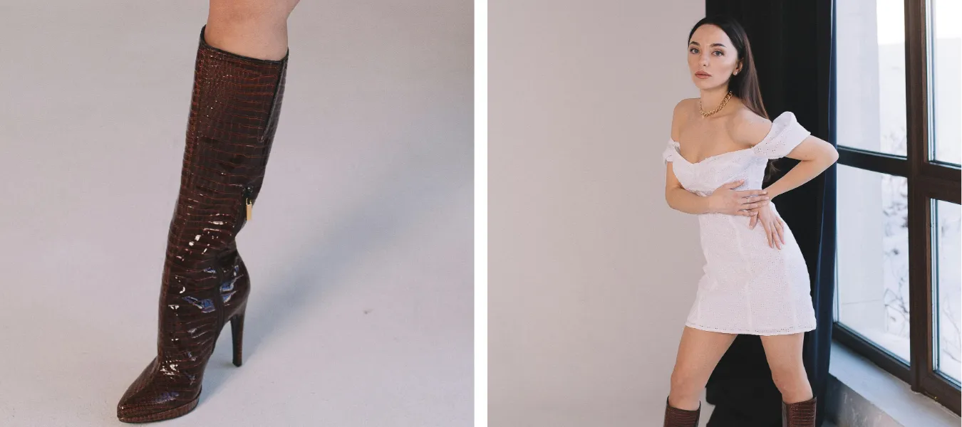 Biała sukienka krótka i lakierowne brązowe kozaki na szpilce