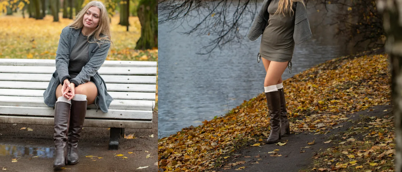 Jesienna stylizacja z długimi brązowymi kozakami i szarą dzianinową sukienką w parku