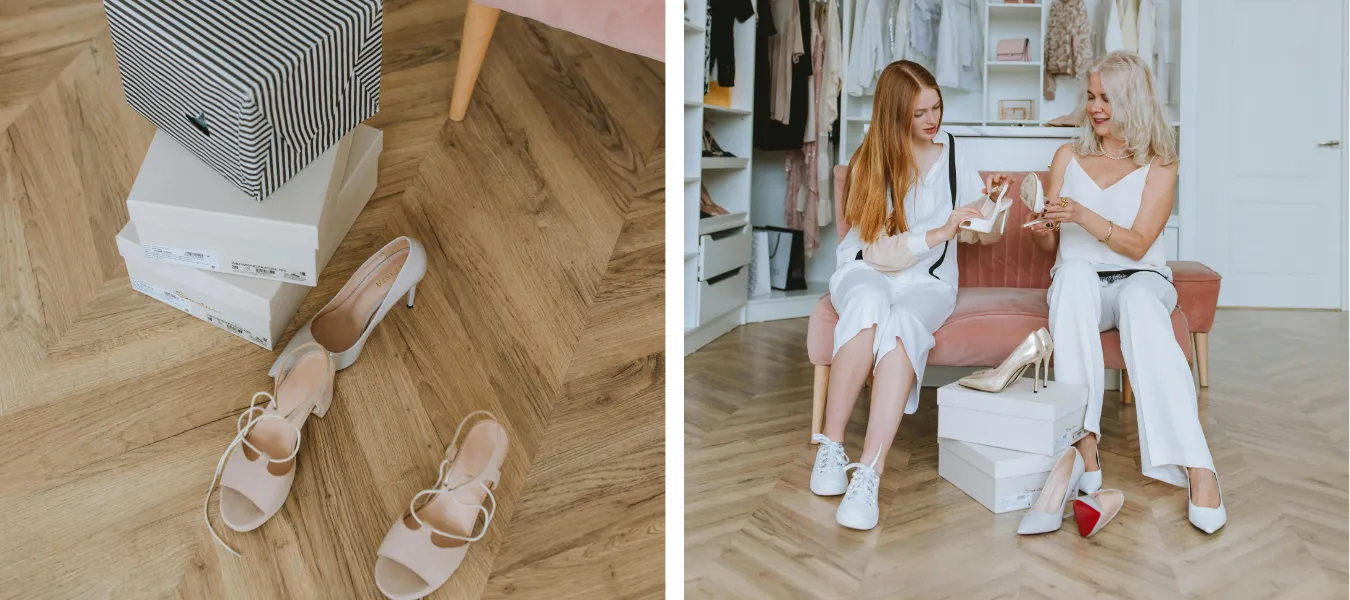 Kobiety ubrane w jasne ubrania przymierzające obuwie