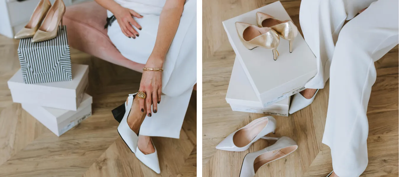 Złote i białe czółenka damskie na obcasie