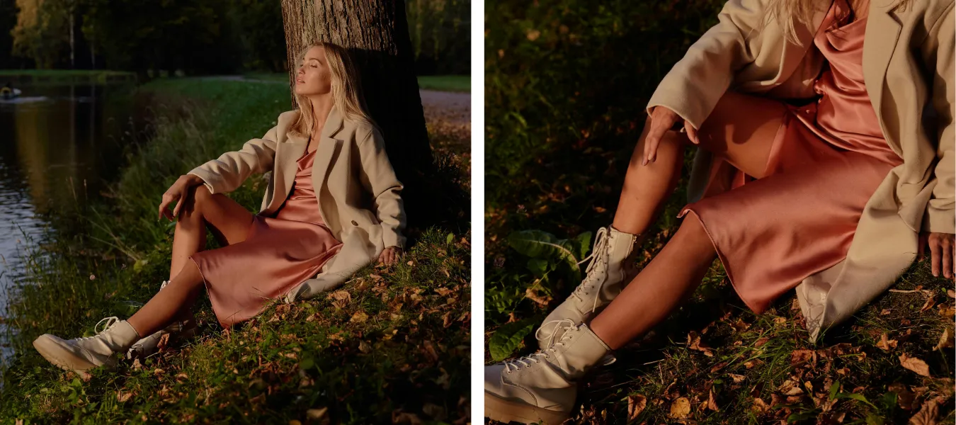 Workery wiązane na platformie beżowe z różową sukienką i płaszczem