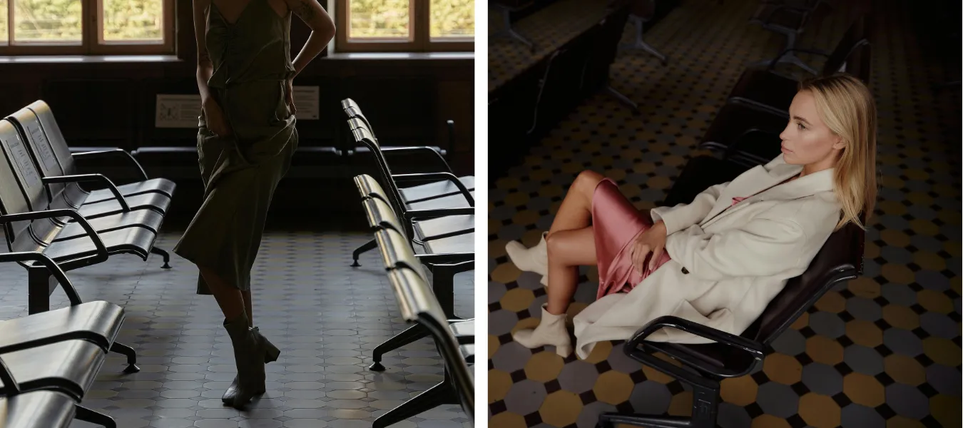 Botki na obcasie z różową satynową sukienką - propozycja stylizacji