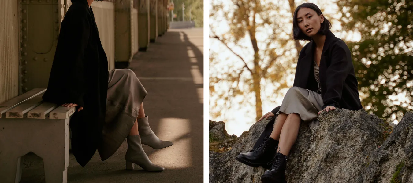 Szare botki i szara satynowa sukienka - propozycja stylizacji