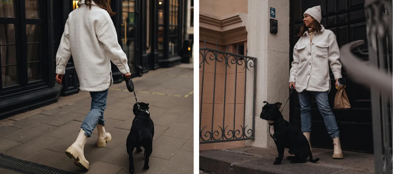 Biała kurtka z jeansami i beżowymi sztybletami - stylizacja