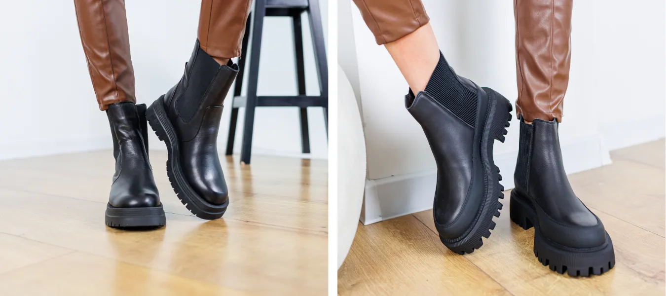 Sztyblety czarne damksie ze skórzanymi brązowymi spodniami