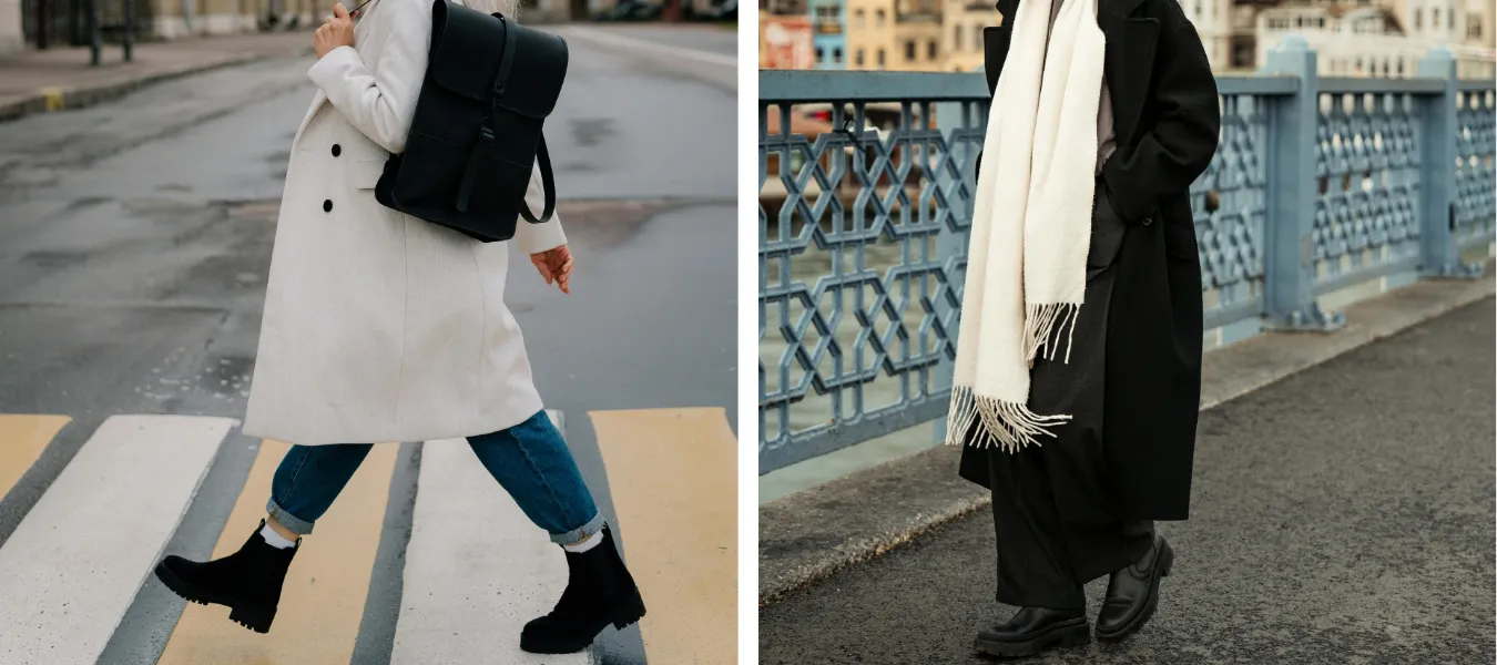 Czarne sztyblety z jeansami i płaszczem - propozycja stylizacji