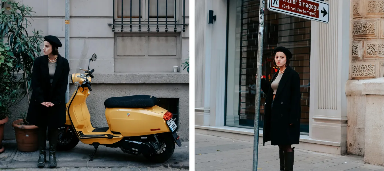 Stylizacja z czarnymi kozakami na koturnie i czarnym płaszczem