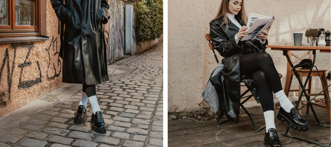 Stylizacja z mokasynami na koturnie, legginsami i skórzanym płaszczem