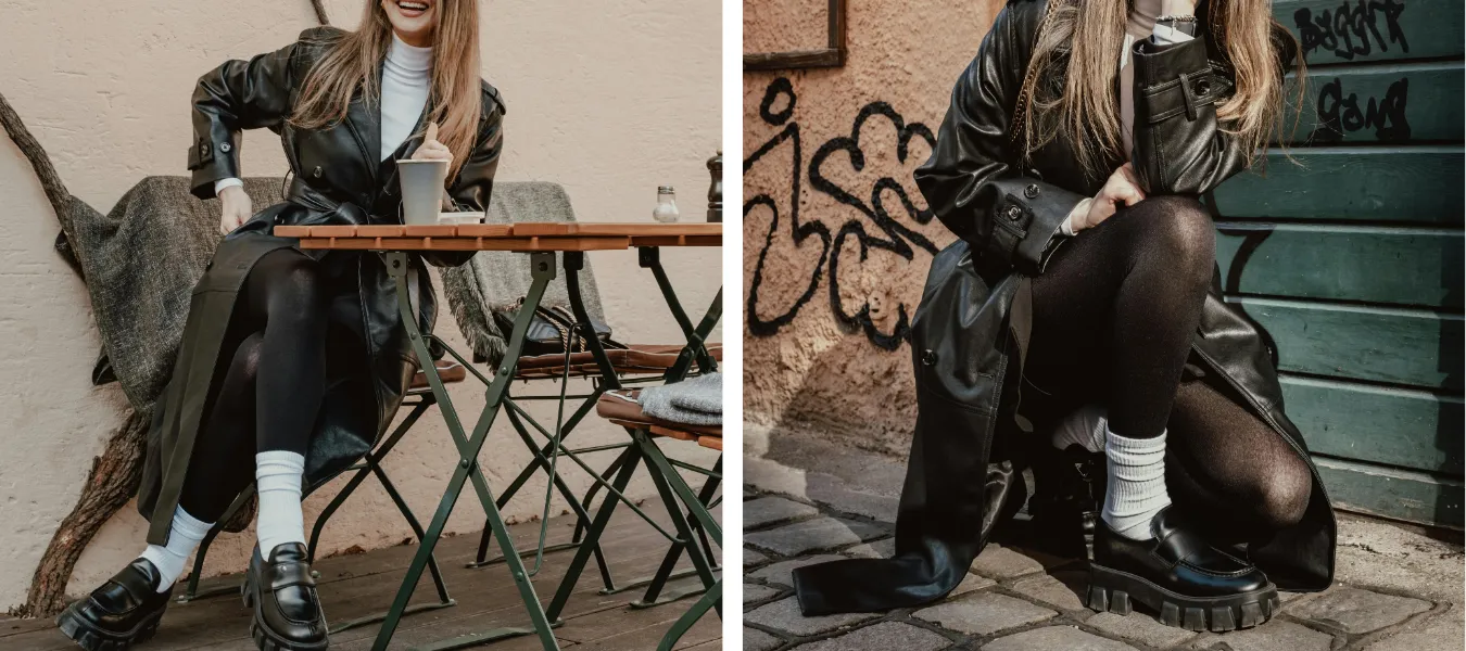 Mokasyny na koturnie z białymi skarpetkami i skórzanym płaszczem - propozycja stylizacji