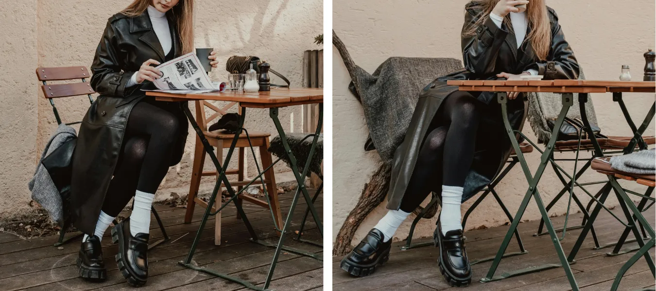 Mokasyny czarne z legginsami i płaszczem - propozycja stylizacji