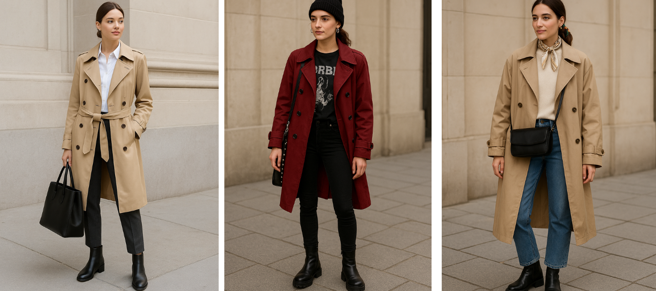 Stylizacje z trenczem i botkami – beżowy płaszcz z elegancką koszulą, bordowy trencz z czarnymi spodniami i casualowy look z jeansami, modne jesienne outfity 2025