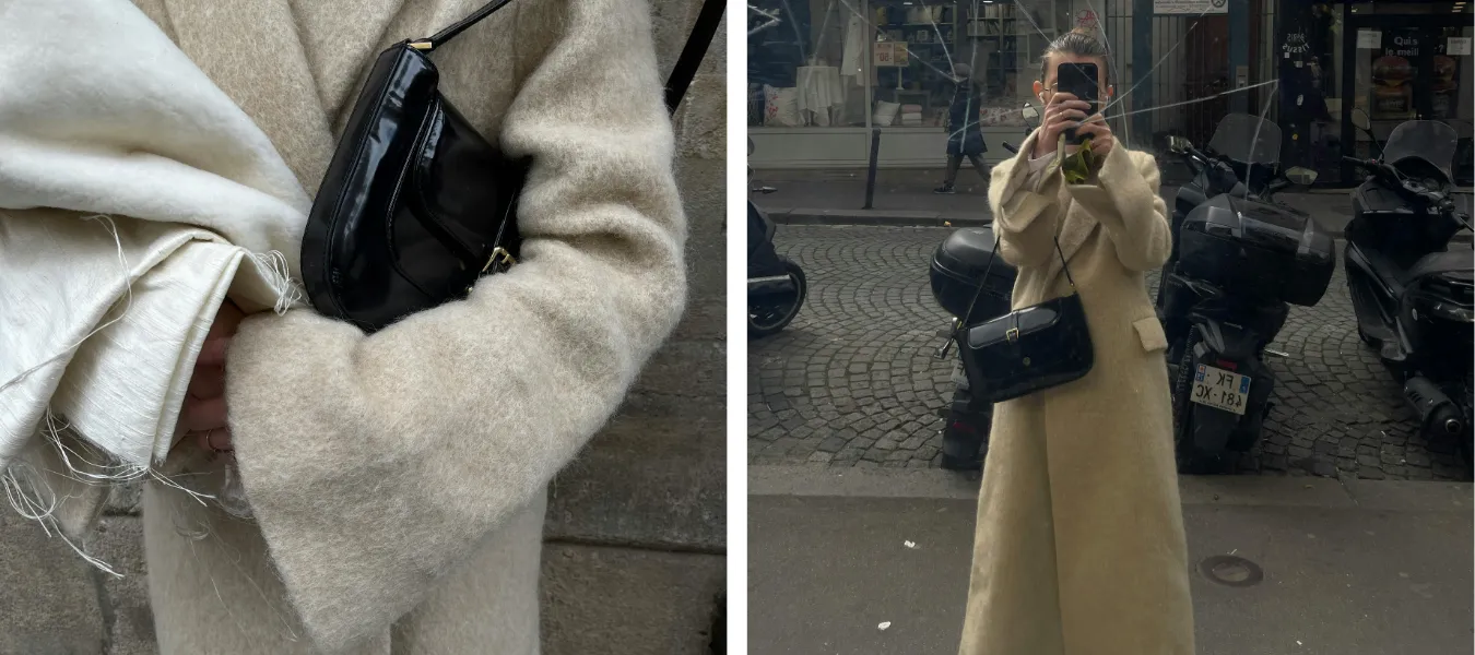 Stylizacja z beżowym płaszczem i czarną torebką listonoszką