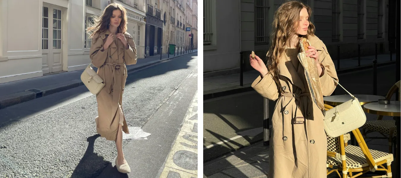 Kobieta ubrana w beżowy długi płaszcz z beżową torebką