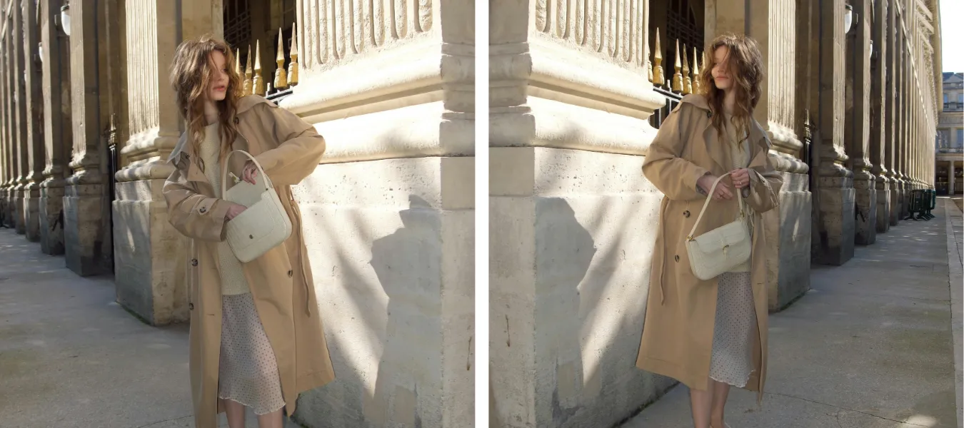 Beżowy jasny płaszcz z białą torebką