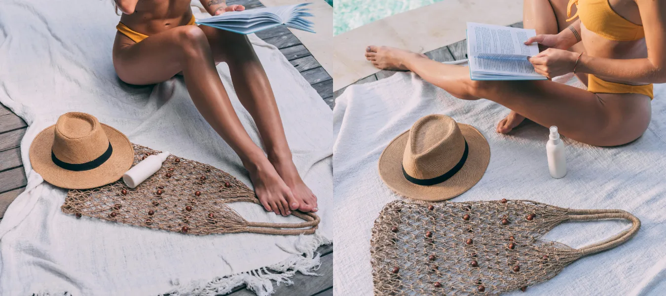 Torebka z siatki i słomiany kapelusz - dodatki do stylizacji plażowej