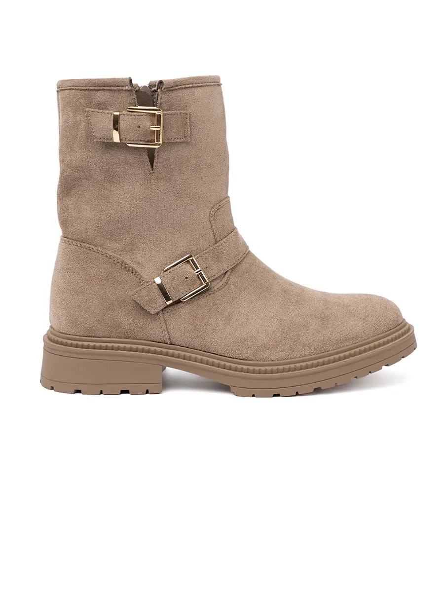 Beige suede ankle boots with decorative buckles