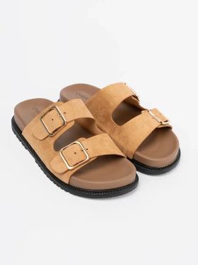 Caramel Women's Slippers with Gold Buckles