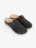 Black closed-toe slides with a buckle