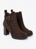 Dark brown ankle boots on a column heel with a decorative buckle