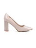 Beige patent block heel pumps