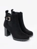 Black block heel ankle boots with decorative buckle