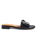 Black slip-on sandals with a bow