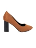 Light brown pumps on a black column heel