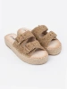 Beige Woven Platform Slides with Buckles