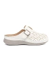White mules with closed toe and buckle