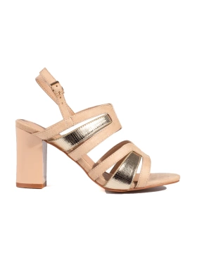 Chic Beige and Gold Block Heel Sandals by Vineza