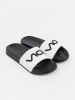 Black and white flip-flops with inscription