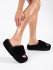 Black Furry Platform House Slippers