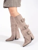 Beige Suede Buckle Boots with Block Heel
