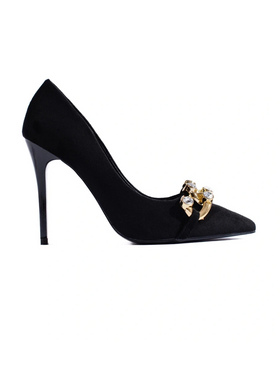 Chic Black Suede Heels with Chain Accent