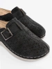Black closed-toe slides with a buckle