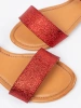 Red flat sandals with covered heel