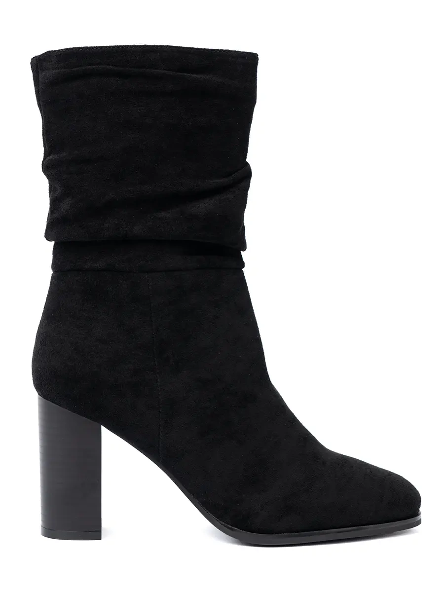 Black ankle boots on a pillar heel with ruched upper