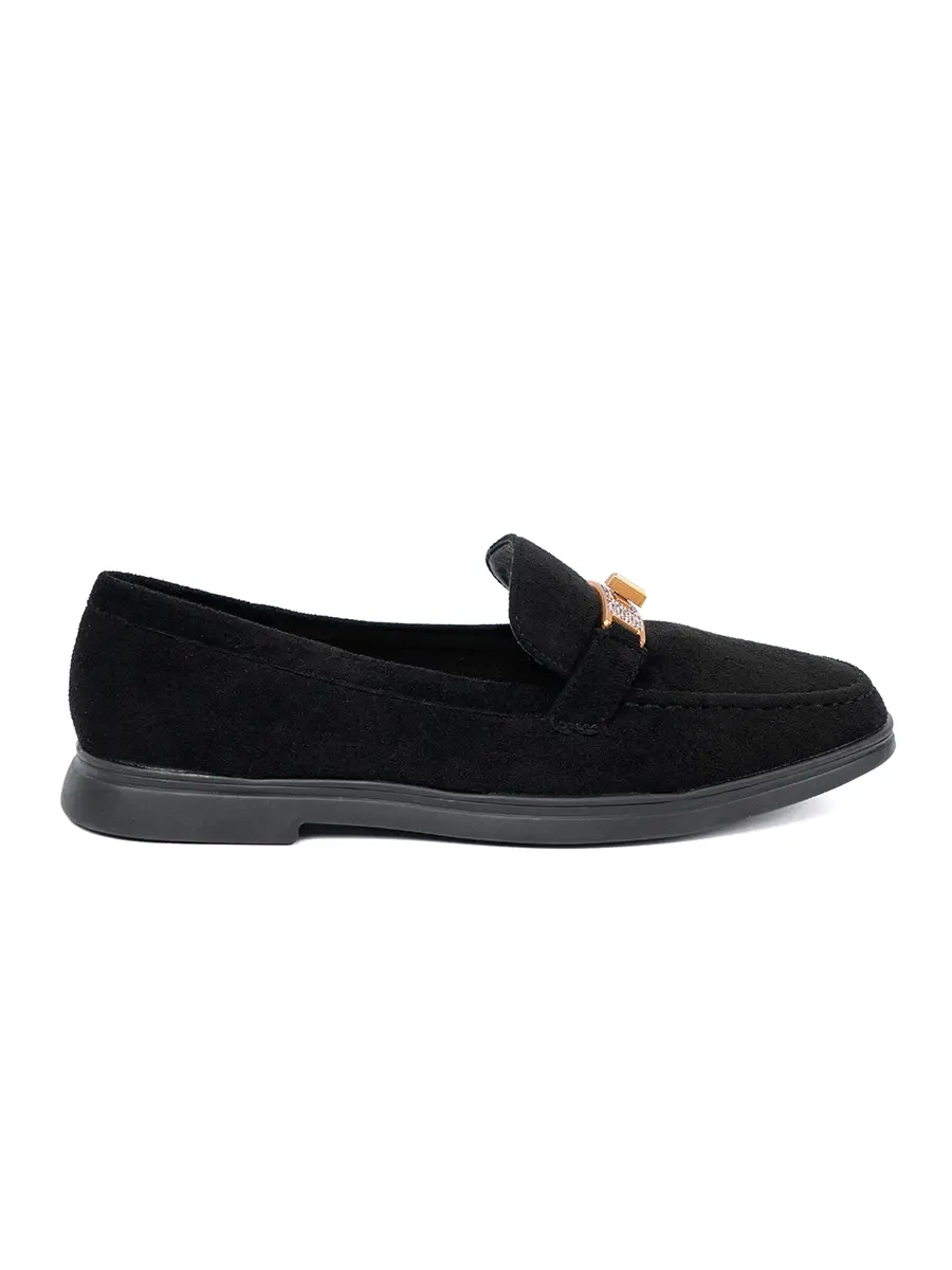Black suede loafers with elegant gold decoration