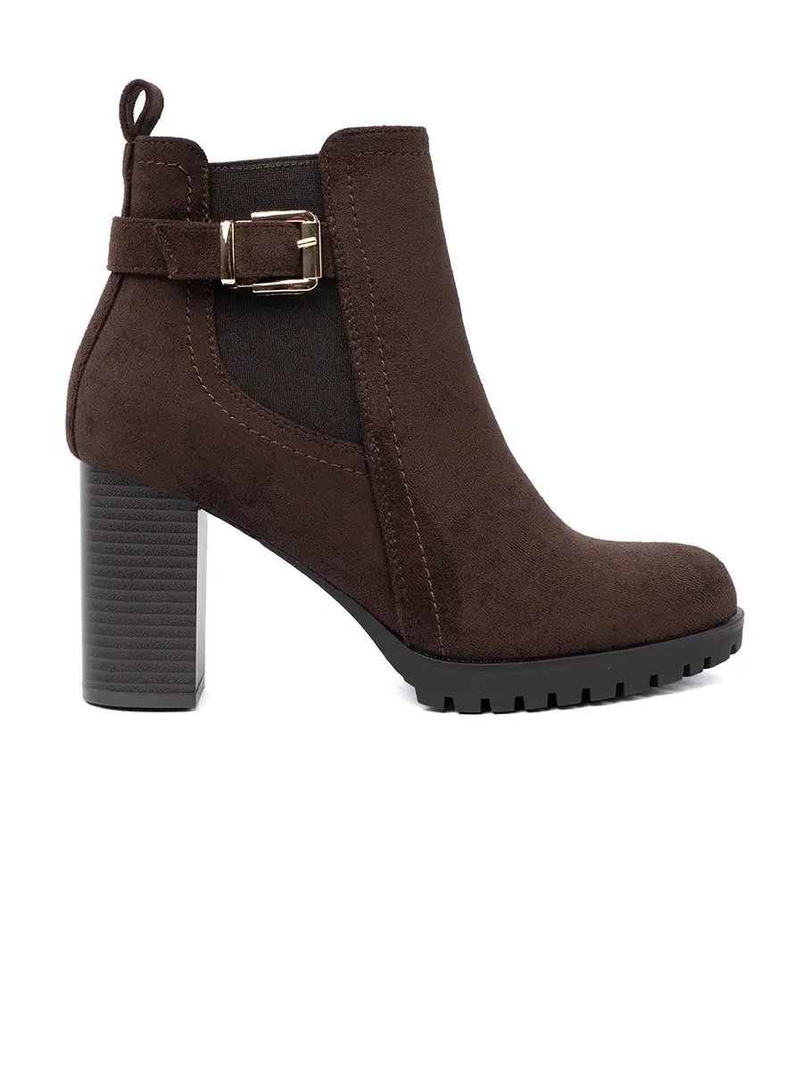 Dark brown ankle boots on a column heel with a decorative buckle