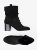Black suede ankle boots on a column heel with ruched upper