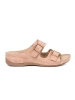 Pink low wedge sandals with buckles